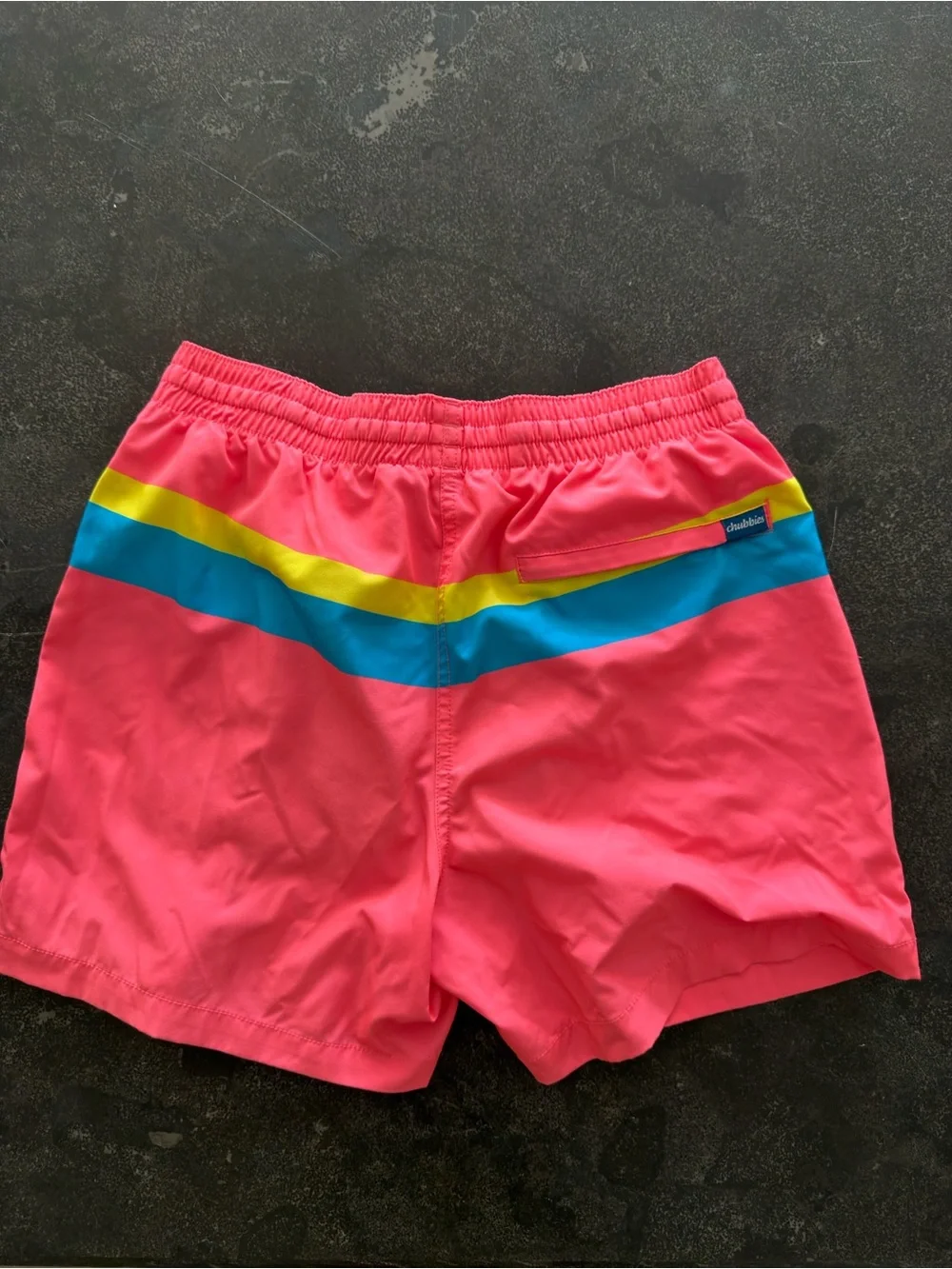 chubbies medium 5.5” Pink Swim Trunks with Blue and Yellow Chevron